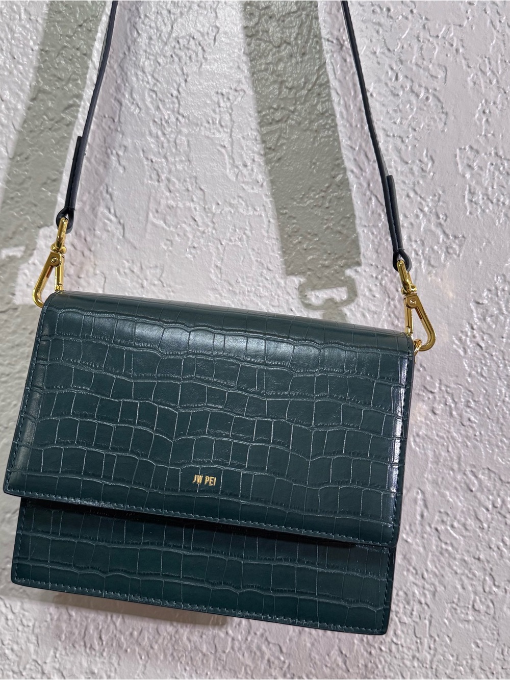 JW PEI Dark Green Croc-Embossed Crossbody Bag with Gold Hardware